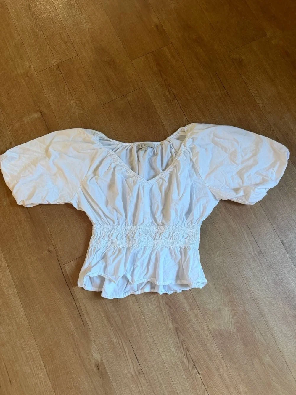 LOFT White Puff-Sleeve Smocked Peplum Blouse